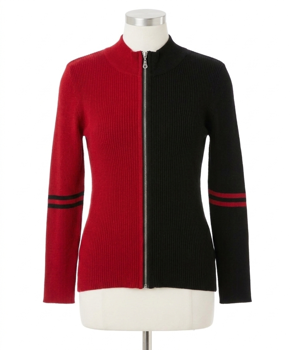 NEW ANGEL APPAREL two tone ribbed zip up cardigan in black/red